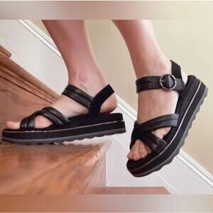 Vionic Womens 8 Black Leather Reyna Flatform Sandals Ankle Strap Comfort BR26-20